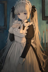 Rule 34 | 1girl, absurdres, apron, back bow, blunt bangs, bow, candelabra, candle, candlestand, daichengqi, dress, grey hair, hair ribbon, hand on own chest, highres, indoors, juliet sleeves, long hair, long sleeves, maid, maid apron, maid headdress, neck ribbon, original, picture frame, puffy sleeves, ribbon, sleeve cuffs, twintails, very long hair
