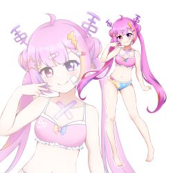 Rule 34 | 1girl, ahoge, asymmetrical legwear, bandaid, bandaid on face, barefoot, belly, bikini, commission, feet, hair ornament, hairclip, heterochromia, highres, idol corp, knees, multicolored hair, nail polish, navel, pink eyes, pink hair, purple eyes, ribbon, riro ron, simple background, star (symbol), swimsuit, thighs, toes, twintails, virtual youtuber, white background, wings