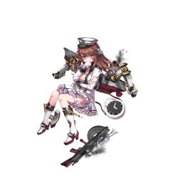 Rule 34 | 1girl, boots, breasts, brown eyes, chestnut mouth, cleavage, clock, covering own mouth, full body, gloves, gun, hair ornament, hat, long hair, medium breasts, military, military hat, military uniform, north abyssor, official art, solo, torn clothes, transparent background, uniform, volta (warship girls r), warship girls r, weapon