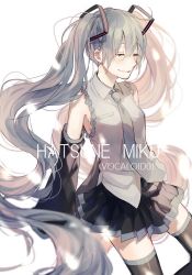 Rule 34 | 1girl, arms at sides, backlighting, bare shoulders, black skirt, black thighhighs, blue hair, blue necktie, blurry, blurry foreground, blush, bokeh, breasts, character name, closed eyes, closed mouth, collared shirt, copyright name, depth of field, detached sleeves, eyelashes, floating hair, frills, grey shirt, hair between eyes, happy, hatsune miku, light particles, light smile, long hair, necktie, pecchii, pleated skirt, shaded face, shirt, sideboob, sidelocks, simple background, skirt, sleeveless, sleeveless shirt, sleeves past fingers, sleeves past wrists, small breasts, solo, standing, thighhighs, twintails, upper body, very long hair, vocaloid, white background, zettai ryouiki