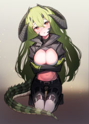 Rule 34 | 1girl, :o, absurdres, arknights, arms under breasts, belt, belt buckle, beudelb, black belt, blush, breasts, brown background, brown eyes, buckle, cleavage, commentary, crocodilian tail, crop top, estelle (arknights), full body, gloves, gradient background, green gloves, green hair, grey background, grey pants, hair between eyes, head tilt, highres, horns, kneeling, korean commentary, large breasts, long hair, long sleeves, looking at viewer, midriff, navel, pants, scar, scar on stomach, self hug, stomach, tail, thigh strap, torn clothes, torn pants