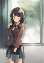 Rule 34 | 1girl, black hair, black skirt, blazer, blue bow, blush, bow, brown eyes, brown jacket, closed mouth, collared shirt, condensation, curtains, dress shirt, glass writing, hair over shoulder, hand up, indoors, jacket, long hair, long sleeves, looking at viewer, low twintails, midorikawa you, original, pleated skirt, school uniform, shirt, skirt, solo, standing, twintails, white shirt, window, window fog