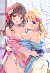 Rule 34 | 2girls, :d, ass, bare tree, blonde hair, blue eyes, blue kimono, blush, bow, bow panties, braid, breasts, brown hair, butt crack, cleavage, closed mouth, clothes lift, commentary request, floral print, flower, hair between eyes, hair flower, hair ornament, japanese clothes, kimono, kimono lift, kokoa-chan (pan (mimi)), lifting another&#039;s clothes, long hair, medium breasts, multiple girls, off shoulder, open mouth, orange eyes, original, pan (mimi), panties, print kimono, red flower, single braid, smile, snow, ten-chan (pan (mimi)), tree, underwear, wedgie, white flower, white panties