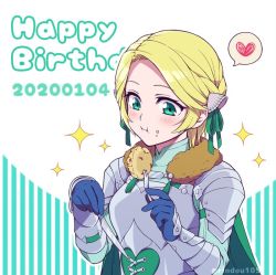 Rule 34 | 1girl, armor, blonde hair, blue gloves, cape, closed mouth, dated, eating, english text, fire emblem, fire emblem: three houses, food, food on face, fork, gloves, green cape, green eyes, happy birthday, heart, hiyori (rindou66), holding, holding fork, holding knife, ingrid brandl galatea, knife, nintendo, solo, spoken heart, twitter username, upper body