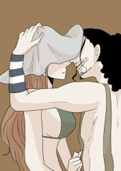 Rule 34 | 1boy, 1girl, about to kiss, black hair, breasts, cleavage, earrings, face-to-face, hand on another&#039;s head, hat, hat over eyes, jewelry, large breasts, long nose, looking at another, midriff, nami (one piece), one piece, orange hair, overalls, smile, usopp