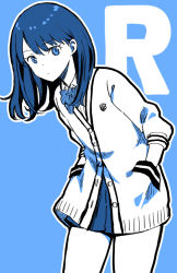 Rule 34 | 1girl, bare legs, blue background, blue bow, blue bowtie, blue eyes, blue theme, bow, bowtie, buttons, cardigan, closed mouth, collared shirt, commentary request, cowboy shot, gridman universe, hands in pockets, initial, kamekoya sato, leaning forward, long hair, long sleeves, looking at viewer, microskirt, monochrome, outline, partially unbuttoned, pleated skirt, school uniform, shirt, simple background, skirt, solo, ssss.gridman, standing, straight hair, takarada rikka, thighs, white outline