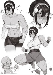 Rule 34 | 1girl, abs, absurdres, avatar: the last airbender, avatar legends, blush, breasts, chibi, collar, hairband, heart, highres, jumping, large breasts, looking at viewer, muscular, muscular female, rock, sarashi, shorts, solo, speedl00ver, sweat, tank top, toph bei fong, veins, veiny arms