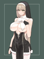 Rule 34 | 1girl, blonde hair, breast curtains, breasts, closed mouth, cowboy shot, gloves, green background, habit, hands up, highres, large breasts, long hair, looking at viewer, nun, original, partially fingerless gloves, pelvic curtain, pwd, simple background, sister virodar, solo, standing, very long hair, yellow eyes