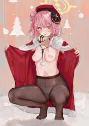 Rule 34 | 1girl, :d, areola slip, bandaid, bandaids on nipples, black bow, black pantyhose, blue archive, blush, bow, breasts, brown scarf, capelet, christmas, coat, commentary, dema hmw, flashing, foreshortening, full body, fur-trimmed capelet, fur-trimmed coat, fur trim, hair bow, hair bun, halo, heel up, highres, holding, looking at viewer, medium breasts, navel, no shoes, official alternate costume, open clothes, open coat, open mouth, orange background, panties, panties under pantyhose, pantyhose, pasties, pink eyes, pink hair, pom pom (clothes), red capelet, red coat, red headwear, rug, santa costume, scarf, serina (blue archive), serina (christmas) (blue archive), short hair, sidelocks, single hair bun, single side bun, smile, solo, sparkle, squatting, stomach, thighband pantyhose, tiptoes, underwear, white panties