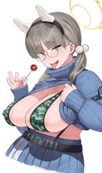 Rule 34 | 1girl, animal ears, areola slip, belt, bikini, blue archive, blue skirt, blue sweater, blush, breasts, camouflage, candy, cleavage, clothes lift, covered erect nipples, cropped legs, fake animal ears, food, glasses, grey hair, hair ornament, halo, highres, holding, holding candy, holding food, holding lollipop, large breasts, lollipop, long hair, long sleeves, looking at viewer, low twintails, maruko tooto, moe (blue archive), open mouth, pleated skirt, pom pom (clothes), pom pom hair ornament, rabbit ears, round eyewear, saliva, saliva trail, simple background, skirt, solo, sweater, sweater lift, swimsuit, tongue, tongue out, turtleneck, turtleneck sweater, twintails, underwear, white background, yellow eyes