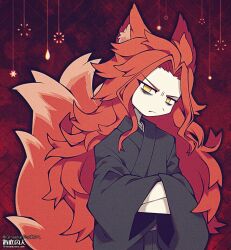 Rule 34 | 1boy, angry, animal ears, artist name, bags under eyes, black kimono, closed mouth, colored skin, commission, commissioner name, cowboy shot, crossed arms, fox boy, fox ears, fox tail, funamusea (artist), hair intakes, highres, japanese clothes, kimono, long hair, long sleeves, looking at viewer, male focus, orange hair, original, red background, skeb commission, solo, tail, white skin, yellow eyes