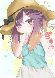 Rule 34 | 1girl, bare arms, bare shoulders, black bow, blue shirt, blush, bow, brown hair, commentary request, finger to mouth, gradient hair, hair between eyes, hair ornament, hairclip, hat, hat bow, head tilt, highres, kantai collection, long hair, multicolored hair, purple eyes, purple hair, ridy (ri sui), shirt, skirt, solo focus, spoken blush, sun hat, t-head admiral, tsushima (kancolle), white skirt