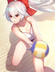 Rule 34 | 1girl, absurdres, alternate costume, ball, bare shoulders, beach, beachball, bikini, breasts, collarbone, commentary request, dolce (dolsuke), fate/grand order, fate (series), hair between eyes, highres, large breasts, long hair, looking at viewer, motion blur, ponytail, red eyes, ribbon, silver hair, solo, swimsuit, tomoe gozen (fate), white bikini