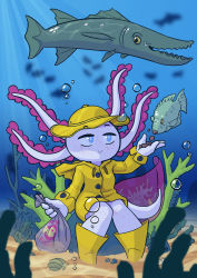 Rule 34 | air bubble, animal request, axolotl girl, axolotl tail, bag, blue eyes, blurry, blurry background, blurry foreground, boots, bright pupils, bubble, buttons, c:, closed mouth, coat, colored skin, commentary, coral, day, depth of field, drawstring, english commentary, english text, eyebrows visible through hat, fish, fish food, fish request, freckles, half-closed eyes, hat, highres, holding, holding bag, hood, hood down, hooded coat, knees together feet apart, long sleeves, looking at animal, looking away, loti (siebe wierdsma), monster girl, no nose, no pants, original, outdoors, pink skin, raincoat, raised eyebrows, rock, rubber boots, seashell, seaweed, shell, sideways glance, siebe wierdsma, smile, submerged, sunlight, tail, underwater, white pupils, yellow coat, yellow footwear, yellow headwear