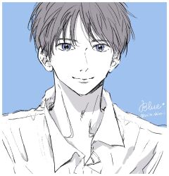 Rule 34 | 1boy, blue eyes, border, closed mouth, collarbone, collared shirt, commentary, cursive, english commentary, grey hair, highres, blue background, looking at viewer, nose, open collar, original, pale skin, portrait, saitou shiori (pixiv14549321), shirt, short hair, simple background, sketch, star (symbol), straight-on, twitter username, upper body, white border, white shirt, wispy bangs