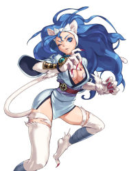 Rule 34 | 1girl, alternate costume, animal ears, animal hands, ankle wrap, big hair, blue eyes, blue hair, bracer, breasts, capcom, cat ears, cat tail, choker, claws, felicia (vampire), fringe trim, fur, hairband, highres, japanese clothes, kimono, large breasts, long hair, matching hair/eyes, no panties, obi, official art, one eye closed, onimusha soul, parted lips, pasties, sash, short kimono, simple background, slit pupils, solo, tail, temoshi, thighhighs, vampire (game), white background, wink