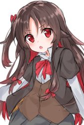 Rule 34 | 10s, 1girl, :o, black jacket, black skirt, blush, bow, brown hair, brown vest, fang, gradient hair, hair between eyes, hair bow, hashiko nowoto, head tilt, highres, jacket, layered sleeves, long hair, long sleeves, looking at viewer, multicolored hair, one side up, parted lips, red bow, red eyes, red hair, ryuuou no oshigoto!, shirt, short over long sleeves, short sleeves, sidelocks, simple background, sketch, skirt, solo, v-shaped eyebrows, very long hair, vest, white background, white shirt, yashajin ai
