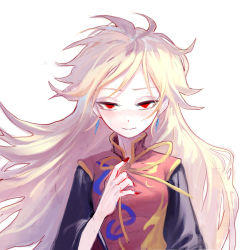 Rule 34 | 1girl, black dress, blonde hair, chinese clothes, dress, earrings, fkey, half-closed eyes, jewelry, junko (touhou), long hair, looking at viewer, red eyes, ribbon, simple background, solo, tabard, touhou, upper body, very long hair, white background, yellow ribbon