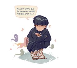 Rule 34 | 1boy, black hair, black jacket, black pants, blunt bangs, commentary, crossed arms, english commentary, english text, full body, gakuran, ghost, jacket, kageyama shigeo, long sleeves, looking at another, male focus, mob psycho 100, mp100days, pants, school uniform, shoes, short hair, simple background, sneakers, speech bubble, squatting, tears, white background, white footwear