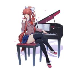 Rule 34 | 1girl, black thighhighs, blue skirt, blush, bow, breasts, brown hair, closed mouth, collared shirt, commission, doki doki literature club, full body, grand piano, green eyes, hair bow, highres, instrument, long hair, looking at viewer, medium breasts, monika (doki doki literature club), piano, piano bench, ponytail, sheet music, shirt, sitting, skirt, smile, solo, thighhighs, very long hair, white bow, white shirt, zeronis, zettai ryouiki