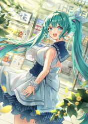 Rule 34 | 1girl, :d, aqua hair, blue eyes, blue sailor collar, bow, day, dress, dutch angle, floating hair, flower, from behind, gemini (feng), hair bow, hatsune miku, highres, layered dress, long hair, medium dress, open mouth, sailor collar, sleeveless, sleeveless dress, smile, solo, standing, twintails, underbust, very long hair, vocaloid, white bow, white dress, yellow flower