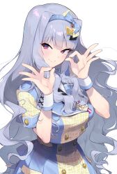 Rule 34 | 1girl, absurdres, blush, breasts, cropped jacket, finger counting, grey hair, highres, idolmaster, idolmaster million live!, jacket, large breasts, long hair, looking at viewer, midnamana, multicolored clothes, multicolored jacket, plaid, pleated skirt, purple eyes, shijou takane, short sleeves, simple background, skirt, smile, solo, two-tone jacket, two-tone skirt, very long hair, white background, wrist cuffs