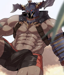 Rule 34 | 1boy, abs, absurdres, bara, bare shoulders, black male swimwear, bulge, chest harness, dark-skinned male, dark skin, draph, erection, erection under clothes, fake horns, glowing, glowing eyes, granblue fantasy, harness, helmet, highres, horned helmet, horns, large pectorals, looking at viewer, lvluri (murimurri670), male focus, male swimwear, muscular, muscular male, navel, pectoral cleavage, pectorals, presenting, red eyes, red male swimwear, sidepec, solo, spread legs, stomach, sweat, swim briefs, thick thighs, thighs, vaseraga