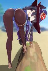 Rule 34 | 1girl, aruman, ass, bare shoulders, bent over, blush, breasts, cameltoe, detached sleeves, elbow gloves, from behind, genshin impact, gloves, green eyes, hair ornament, hat, highres, leaning, leaning forward, leotard, long hair, looking at viewer, looking back, mona (genshin impact), pantyhose, purple hair, shiny clothes, sideboob, solo, thighlet, twintails, very long hair
