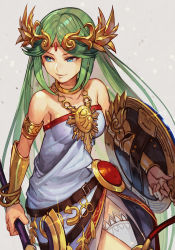 Rule 34 | 1girl, ancient greek clothes, armlet, bare shoulders, belt, belt buckle, breasts, buckle, chiton, circlet, closed mouth, collar, collarbone, dress, forehead jewel, gauntlets, gold necklace, green eyes, green hair, headdress, holding, holding staff, hungry clicker, jewelry, kid icarus, kid icarus uprising, long hair, necklace, nintendo, palutena, shield, sidelocks, smile, solo, staff, strapless, strapless dress, thighhighs, vambraces, very long hair, white dress, white thighhighs