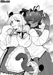 2girls ahoge animal_ears araga_kiwi artist_name black_hair blazer furrification furry furry_female guagua977 highres hiiragi_utena holding holding_star intertwined_tails jacket leopard_ears leopard_girl mahou_shoujo_ni_akogarete medium_hair monochrome multiple_girls school_uniform skirt sleeves_past_wrists sparkle star_(symbol) tears tongue tongue_out yuri