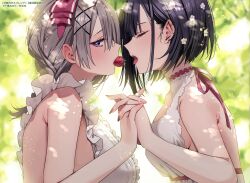 2girls absurdres barbell_piercing black_hair black_nails blue_eyes blush breasts chigusa_minori commentary_request couple ear_piercing gradient_nails grey_hair hair_ornament hair_over_one_eye hamanasu_ruka highres industrial_piercing koutsugou_semi-friend kuruma_suuna large_breasts long_hair looking_at_viewer multiple_girls nail_polish official_art open_mouth piercing purple_nails second-party_source short_hair two-tone_nails x_hair_ornament yuri