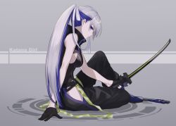 Rule 34 | 1girl, bare shoulders, black gloves, blue eyes, blue hair, breasts, commentary, from side, gloves, highres, holding, holding sword, holding weapon, large breasts, long hair, looking at viewer, matsuharu (lip-mil), original, silver hair, sitting, solo, sword, weapon