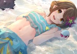 Rule 34 | 1girl, aqua sarong, aqua shirt, breasts, brown eyes, brown hair, commentary request, creatures (company), day, flower, frills, game freak, gloria (pokemon), gloria (summer 2021) (pokemon), hair flower, hair ornament, hands up, highres, holding, holding poke ball, jewelry, lying, midriff, navel, necklace, nintendo, official alternate costume, on back, open mouth, outdoors, poke ball, poke ball (basic), pokemon, pokemon masters ex, purple flower, sarong, shirt, short hair, sleeveless, sleeveless shirt, smile, teeth, tonerico swt, tongue, upper teeth only