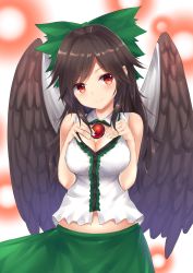 Rule 34 | 1girl, absurdres, blush, bow, breasts, brown hair, cleavage, closed mouth, green bow, hair bow, hands on own chest, highres, large breasts, long hair, looking at viewer, red eyes, reiuji utsuho, smile, suiroh (shideoukami), touhou, wings