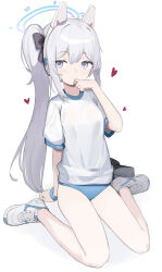 Rule 34 | 1girl, absurdres, alternate hairstyle, animal ears, bare legs, black bow, blue archive, blue buruma, blush, bow, buruma, chinese commentary, fake animal ears, full body, gym uniform, hair between eyes, hair bow, halo, hand to own mouth, haruteru, headset, heart, highres, long hair, looking at viewer, miyako (blue archive), official alternate costume, purple eyes, rabbit ears, shirt, shoes, short sleeves, side ponytail, simple background, sitting, sneakers, solo, sweatband, wariza, white background, white footwear, white hair, white shirt