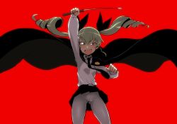 Rule 34 | 10s, 1girl, :d, anchovy (girls und panzer), belt, black skirt, blonde hair, brown eyes, cape, crotch seam, drill hair, girls und panzer, gluteal fold, grey pantyhose, ken (koala), looking at viewer, necktie, open mouth, pantyhose, red background, riding crop, simple background, skirt, smile, solo, teeth, twin drills, white pantyhose