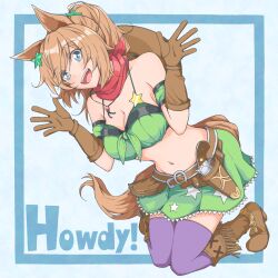 Rule 34 | 1girl, :d, animal ears, bandeau, bare shoulders, bikini, bikini under clothes, blue background, blue eyes, boots, breasts, brown footwear, brown hair, cleavage, commentary, detached sleeves, green skirt, gun, hair ornament, handgun, highres, holster, horse ears, kazunoha, large breasts, long hair, looking at viewer, midriff, miniskirt, navel, open mouth, purple thighhighs, revolver, short sleeves, skirt, smile, solo, star (symbol), star hair ornament, stomach, swimsuit, taiki shuttle (umamusume), tail, thighhighs, umamusume, weapon