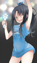 Rule 34 | 1girl, ;d, amai nekuta, armpits, black hair, blush, hattori shizuka, highres, long hair, looking at viewer, one eye closed, open mouth, shirt, smile, solo, strike witches, t-shirt, wet, world witches series, yellow eyes