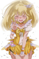Rule 34 | 10s, 1girl, bad id, bad pixiv id, blonde hair, bow, choker, cure peace, dirty, dress, closed eyes, hair flaps, highres, kise yayoi, long hair, magical girl, precure, saikawa yusa, skirt, smile, smile precure!, solo, tears, torn clothes, v, white background, wide ponytail, yellow bow, yellow dress, yellow skirt, yellow theme