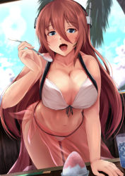 Rule 34 | 1girl, alternate costume, azur lane, bare arms, bare shoulders, bikini, blue eyes, blue sky, blurry, blurry background, blush, breasts, brown hair, chopsticks, cleavage, cloud, collarbone, cup, day, food, giving, groin, hair between eyes, headset, holding, holding spoon, incoming food, kanzaki kureha, large breasts, leaning forward, long hair, looking at viewer, navel, open mouth, outdoors, palm tree, pink hair, pov, ranger (azur lane), sarong, see-through, shaved ice, sidelocks, sky, solo, spoon, stomach, swimsuit, table, tree, white bikini