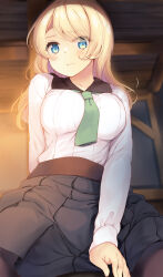 Rule 34 | 1girl, black skirt, blonde hair, blue eyes, blush, breasts, closed mouth, collarbone, collared shirt, commentary request, green necktie, highres, komone ushio, large breasts, long hair, long sleeves, necktie, original, paid reward available, pantyhose, shirt, skirt, solo, white shirt