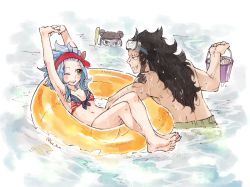 Rule 34 | 1boy, 1girl, ;d, angry, armpits, arms up, barefoot, bikini, black hair, blue hair, breasts, brown eyes, cleavage, crossed legs, diving, diving mask, diving suit, fairy tail, full body, gajeel redfox, goggles, goggles on head, grin, holding, innertube, levy mcgarden, long hair, lying, navel, on back, one eye closed, open mouth, outdoors, pantherlily, peeking, red bikini, rusky, sideboob, small breasts, smile, spying, striped bikini, striped clothes, swim ring, swimsuit, water, wet