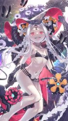 Rule 34 | 1girl, abigail williams (fate), abigail williams (swimsuit foreigner) (fate), abigail williams (swimsuit foreigner) (first ascension) (fate), bare shoulders, bikini, black bikini, black bow, bow, breasts, bug, butterfly, collarbone, colored skin, creature, double bun, fate/grand order, fate (series), forehead, hair bun, highres, insect, keyhole, legs, long hair, looking at viewer, multiple bows, navel, orange bow, parted bangs, red eyes, sharp teeth, sidelocks, small breasts, smile, staff, swimsuit, teeth, tentacles, thighs, third eye, very long hair, white hair, white skin, yumeichigo alice