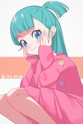 Rule 34 | 1girl, blue eyes, blue hair, blush, bulma, closed mouth, dragon ball, dragon ball (classic), dress, fingernails, hands on own cheeks, hands on own face, highres, inuyama nanami, long hair, long sleeves, looking at viewer, pink dress, smile, solo, squatting