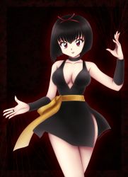 Rule 34 | 1girl, artist request, bare legs, bare shoulders, black hair, bob cut, breasts, cleavage, dress, gradient background, hairband, highres, inuyasha, lips, looking at viewer, no bra, no panties, open mouth, red eyes, revealing clothes, sakasagami no yura, shiny skin, short dress, simple background, smile, white background, wide hips