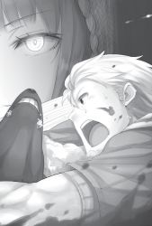 Rule 34 | 1boy, 1girl, animal, ayakura juu, blood, craft lawrence, glowing, glowing eyes, greyscale, holo, looking at viewer, monochrome, novel illustration, official art, open mouth, parted lips, smile, spice and wolf, sweat