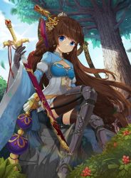 Rule 34 | 1girl, absurdres, armor, armored boots, bad id, bad pixiv id, belt, black shorts, blue dress, blue eyes, blue sky, blunt bangs, boots, braid, breasts, brown hair, brown thighhighs, bush, chain, cleavage, cleavage cutout, clothing cutout, commentary, day, dress, earrings, falling leaves, floating hair, floral print, flower, from below, full body, gauntlets, gem, glint, hair ornament, hair stick, high heel boots, high heels, highres, holding, holding sword, holding weapon, hoop earrings, jewelry, leaf, lepoule, long hair, long sleeves, looking at viewer, motion blur, original, outdoors, parted lips, print dress, rainbow, red flower, rock, rope, scabbard, sheath, shorts, sitting, sky, small breasts, solo, sparkle, sword, tassel, thighhighs, tiara, tree, very long hair, weapon, wide sleeves, wind