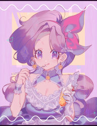 Rule 34 | 1girl, 2020, :&gt;, :p, alternate costume, bare shoulders, blue dress, breasts, cherry, cleavage, cleavage cutout, closed mouth, clothing cutout, collarbone, cream, cup, curly hair, dated, dot nose, dragon ball, dragon ball (classic), dress, drink, earrings, eyelashes, fingernails, food, food-themed earrings, food themed earrings, fruit, gloves, hair ribbon, hands up, high collar, holding, holding cup, holding spoon, ice, ice cube, jewelry, lace, lace-trimmed cuffs, lace-trimmed dress, lace trim, large breasts, letterboxed, light blush, light smile, long hair, looking at viewer, lunch (dragon ball), lunch (good) (dragon ball), nichihi, orange-shaped earrings, purple background, purple eyes, purple hair, purple theme, red ribbon, ribbon, shapes, simple background, single glove, solo, sparkling eyes, spoon, symbol in eye, tareme, tongue, tongue out, twitter username, upper body, white gloves, wrist cuffs