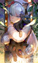 Rule 34 | 1girl, absurdres, aged down, animal, animal ears, apron, artist name, black apron, black cat, black hairband, black ribbon, blue apron, blue flower, blush, bow, cat, cat ears, closed mouth, commentary, cowboy shot, dress, flower, girls&#039; frontline, grey eyes, grey hair, hair bow, hair flower, hair ornament, hair ribbon, hairband, hani haya, highres, hk416 (black kitty&#039;s gift) (girls&#039; frontline), hk416 (girls&#039; frontline), holding, holding animal, holding cat, light particles, long hair, long sleeves, looking at viewer, plant, pleated dress, red bow, ribbon, smile, solo, watermark, white dress