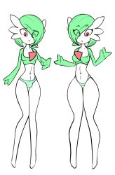 Rule 34 | 1boy, 1girl, breasts, bulge, cameltoe, covered erect nipples, creatures (company), eyes visible through hair, full body, game freak, gardevoir, gen 3 pokemon, green hair, green panties, hair over one eye, hand up, hands up, highres, knees together feet apart, looking down, medium breasts, nintendo, open mouth, panties, pokemon, pokemon (creature), pokemon rse, red eyes, sealguy, short hair, simple background, small breasts, standing, surprised, underwear, white background